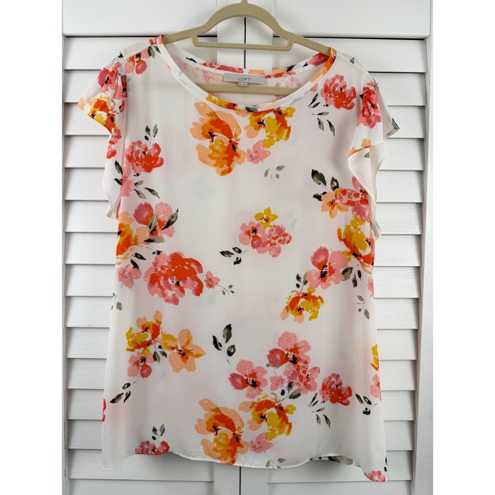 LOFT Floral Flutter Sleeve Blouse Women XXL White Pink Orange Mixed Media